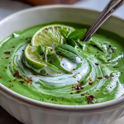 Creamy Spinach Coriander Lemongrass Soup garnished with cilantro and lime.