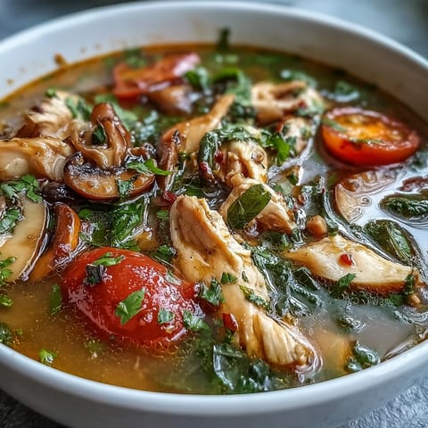 Close-up of Tom Yum Chicken soup in a white bowl, featuring tender chicken pieces and vibrant red tomatoes amidst a clear, aromatic broth.
