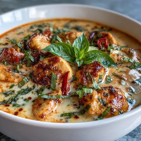 Steaming Thai Chicken Coconut Curry Soup served in a white bowl, garnished with cilantro, Thai basil, and fresh lime wedges.