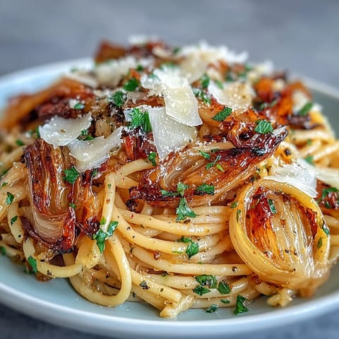 Close-up view of Cabbage Pasta With Garlic and Parmesan in a skillet, highlighting golden-brown cabbage and generous shavings of Parmesan cheese.