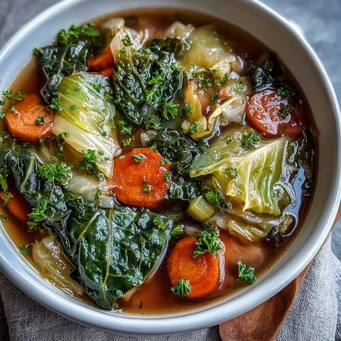 Bright and colorful Classic Cabbage Soup simmering in a large pot, featuring tender cabbage, carrots, and celery in a rich tomato broth.