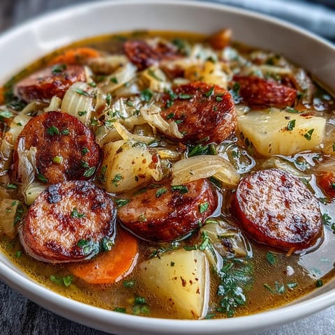 Thick slices of smoked sausage browned in a pot with diced potatoes and green cabbage in a rich broth for Sausage, Potato and Cabbage Soup.