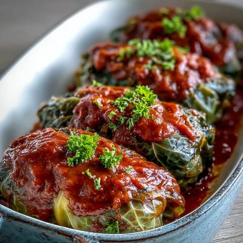 A close-up of savory Baked Vegan Cabbage Rolls on a plate, garnished with fresh parsley and ready to serve for dinner.