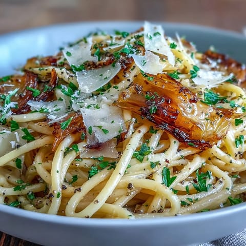 A comforting plate of Cabbage Pasta With Garlic and Parmesan, featuring caramelized cabbage strands tossed with al dente spaghetti and fresh parsley garnish.