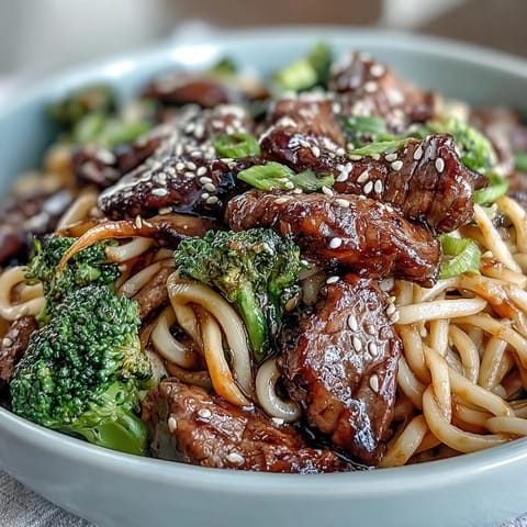 A steaming bowl of Korean Beef Noodles garnished with green onions and sesame seeds on a rustic table.