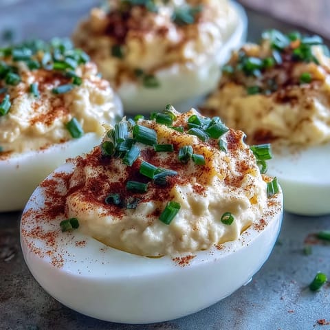 Million Dollar Deviled Eggs on a platter, garnished with paprika and fresh chives for a classic American appetizer.