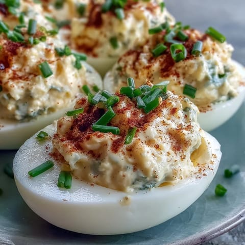 Freshly piped Million Dollar Deviled Eggs, showcasing creamy yolk filling with a tangy Dijon and cream cheese blend.
