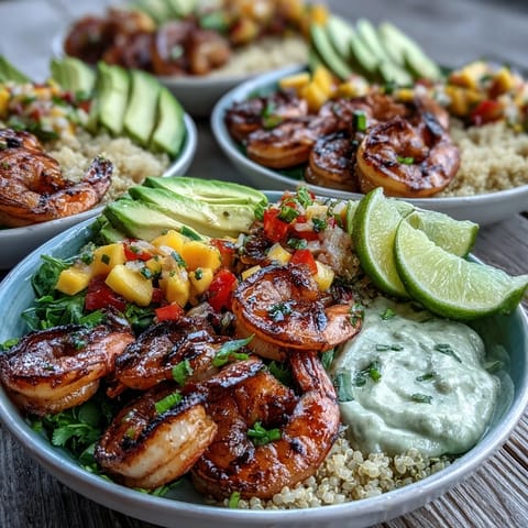 Grilled shrimp over fluffy quinoa with creamy avocado slices, bright mango salsa, and a drizzle of lime chili sauce in white serving bowls.