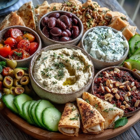 A Mediterranean brunch board with creamy hummus, tangy tzatziki, feta, and crisp veggies on fresh flatbreads.