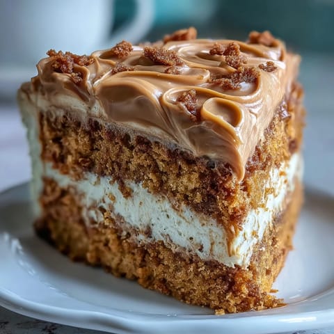 A thick slice of Decadent Baked Biscoff Cake with Creamy Lotus Frosting on a white plate, ready to be served.