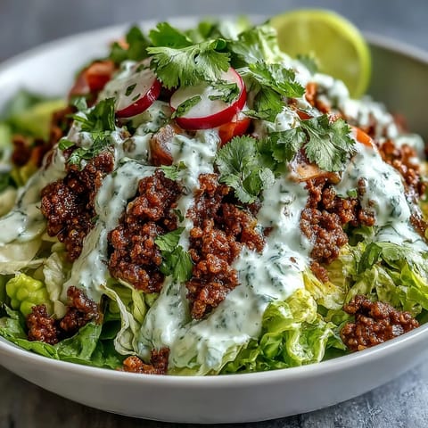 A vibrant Healthy Taco Bowl with seasoned ground beef, crisp romaine lettuce, and fresh diced tomatoes and radishes.