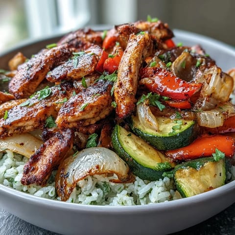 Sizzling Sheet Pan Fajita Bowl featuring seasoned chicken, charred vegetables, and fresh avocado slices for a healthy Tex-Mex dinner.