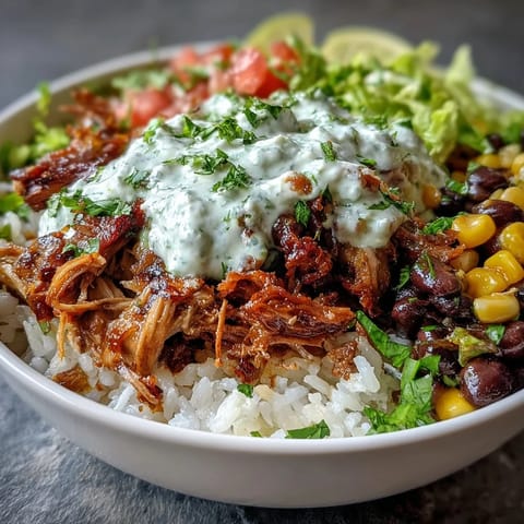 Carnitas Burrito Bowl topped with cilantro and lime wedges, featuring tender shredded pork over fluffy rice, black beans, and vibrant salsa.
