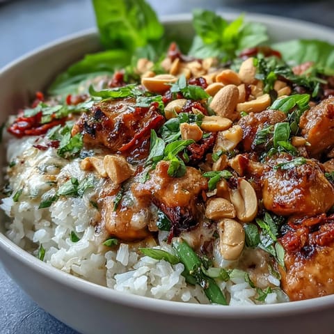 A close-up of Thai Chicken Coconut Bowl with fluffy coconut rice, sautéed chicken, and crisp veggies on a rustic table.