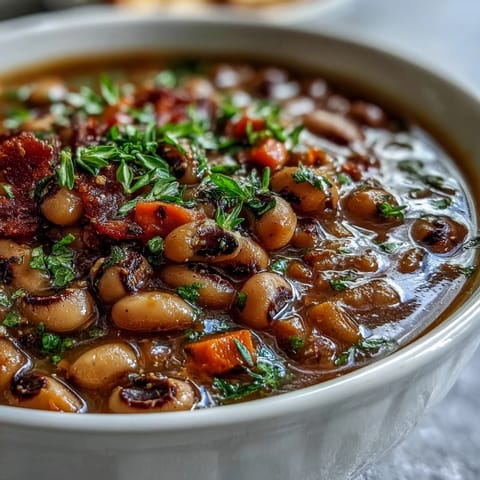 A steaming bowl of Greek-Style Slow Cooker Black-Eyed Peas garnished with fresh parsley and lemon wedges.