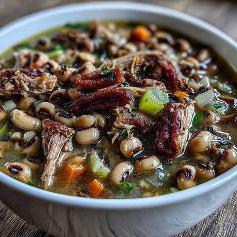 Hearty bowl of Black-Eyed Peas With Smoked Turkey garnished with fresh parsley.  