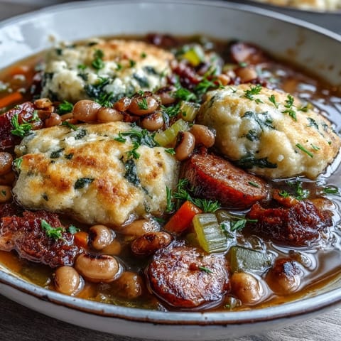 A spoon dips into Black-Eyed Peas and Sausage Dumplings, revealing fluffy, golden cornmeal dumplings atop a hearty Southern stew.  