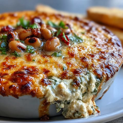 Golden, bubbly Hot Black-Eyed Pea Dip fresh from the oven, topped with melted cheddar and scattered green onions.  
