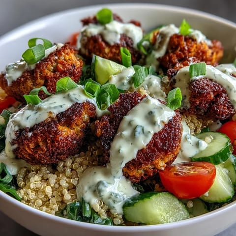 Golden baked falafel sits atop a fluffy quinoa base with diced cucumber and halved cherry tomatoes. Creamy garlic tahini sauce is generously drizzled over this wholesome Falafel Quinoa Salad Bowl.