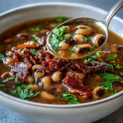 A hearty bowl of black-eyed peas and bacon soup with smoky bacon bits and tender vegetables in a rich broth.  