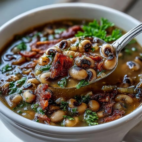 Warm black-eyed peas and bacon soup served with crispy bacon garnish and fresh parsley in a rustic bowl.  