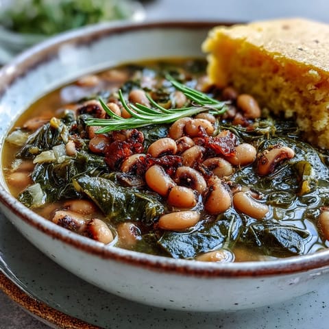 A steaming bowl of black-eyed peas and collard greens, rich with smoky spices and tender vegetables, perfect for a comforting Southern meal.