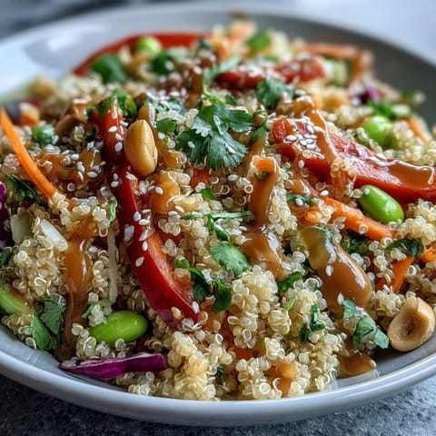 Vibrant Thai Coconut Quinoa Bowl featuring fluffy quinoa, fresh vegetables, and a zesty peanut sauce—perfect for lunch or dinner.  