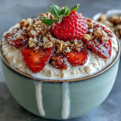 Creamy strawberry overnight oats with chia seeds and crunchy granola, a healthy make-ahead breakfast.