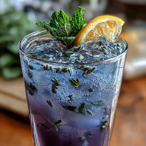 A vibrant pitcher of iced lavender lemonade with fresh mint, offering a fragrant and cooling drink perfect for warm days.