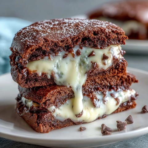 Cream cheese stuffed brownie cookies with gooey chocolate center and smooth filling.