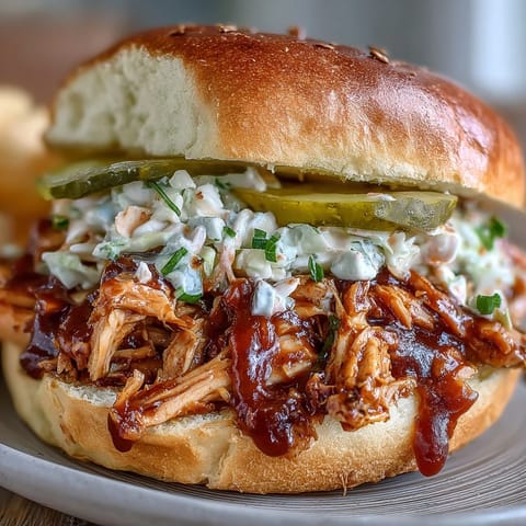 Juicy pulled BBQ chicken sandwiches, piled high with creamy coleslaw on soft brioche buns.