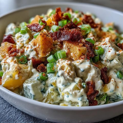Creamy Classic Deviled Egg Potato Salad topped with paprika and fresh chives.
