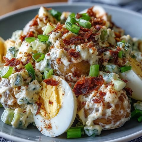 Close-up of Classic Deviled Egg Potato Salad, a savory summer picnic side dish.