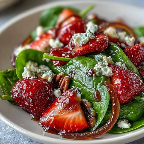 Freshly tossed Spring Strawberry Spinach Salad bursting with juicy strawberries and nutty crunch.