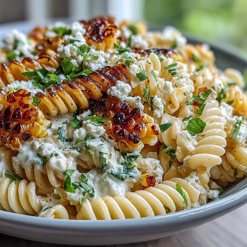 Vibrant Elote Corn Pasta salad with creamy cotija, lime, and fresh cilantro.