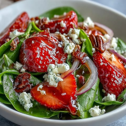 Vibrant Spring Strawberry Spinach Salad with creamy goat cheese and sweet candied pecans.