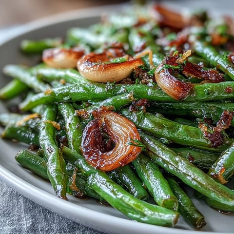 Tender roasted garlic green beans glistening with lemon zest, ready to serve.