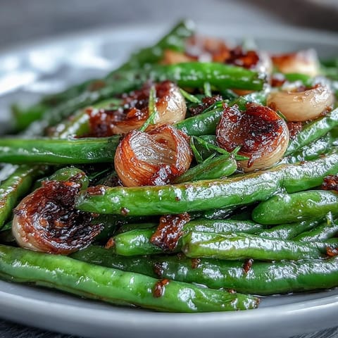 Golden roasted garlic green beans, a vibrant and flavorful Easter side dish.