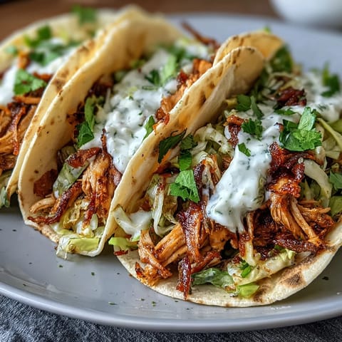 Crispy roasted chicken and tangy cabbage slaw piled high in warm tortillas, drizzled with creamy lemon sauce for a zesty taco twist.  
