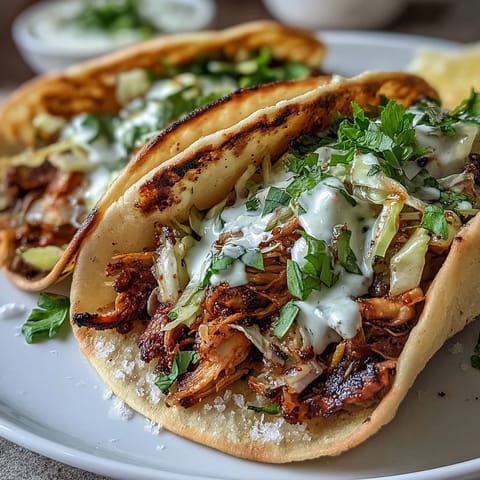 Bright and fresh tacos with juicy shredded chicken, colorful cabbage slaw, and zesty lemon crema, perfect for a light and flavorful meal.  