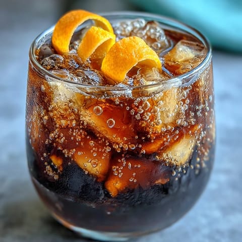 Cold brew coffee tonic with orange zest, bubbly and bright served over ice.
