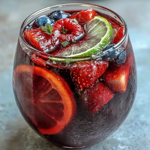 Vibrant Iced Hibiscus Berry Tea bursting with fresh fruit and mint.