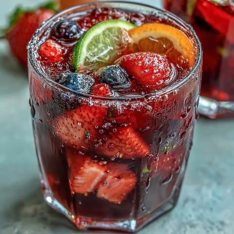 Refreshing Iced Hibiscus Berry Tea, beautifully garnished with colorful summer fruits.