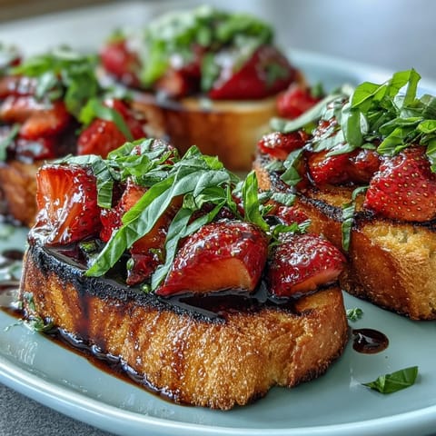 Close-up of vibrant Strawberry Balsamic Bruschetta on grilled sourdough, perfect for summer entertaining.