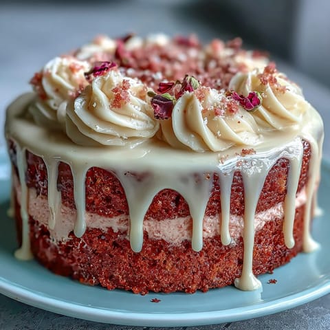 A pink rosé velvet cake adorned with a luxurious dripping gold glaze.