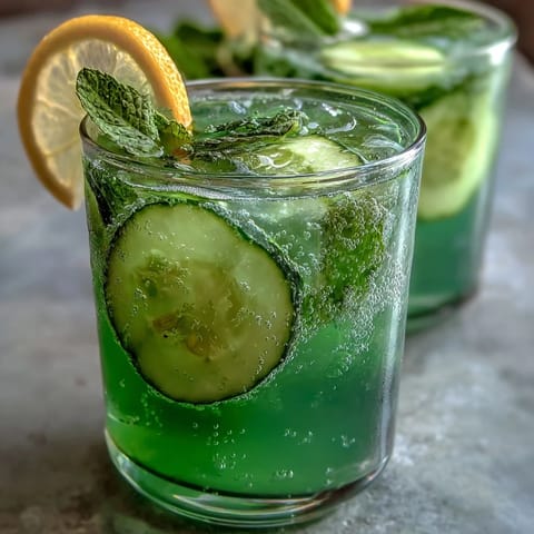 Bright Sparkling Cucumber Mint Lemonade Mocktail garnished with fresh mint and lemon.
