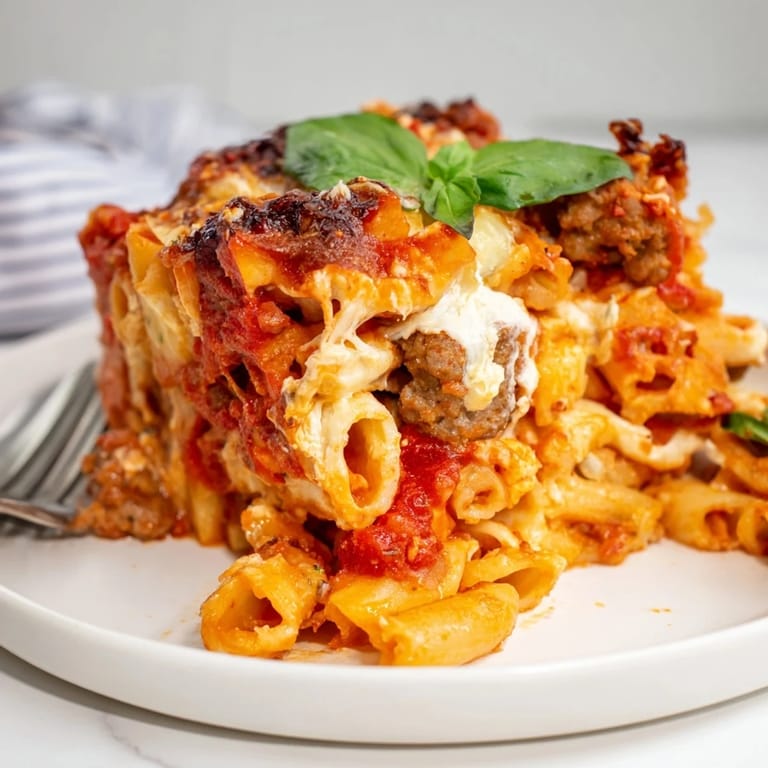 Hearty Baked Ziti with Italian Sausage, rich tomato sauce, and gooey melted cheese.