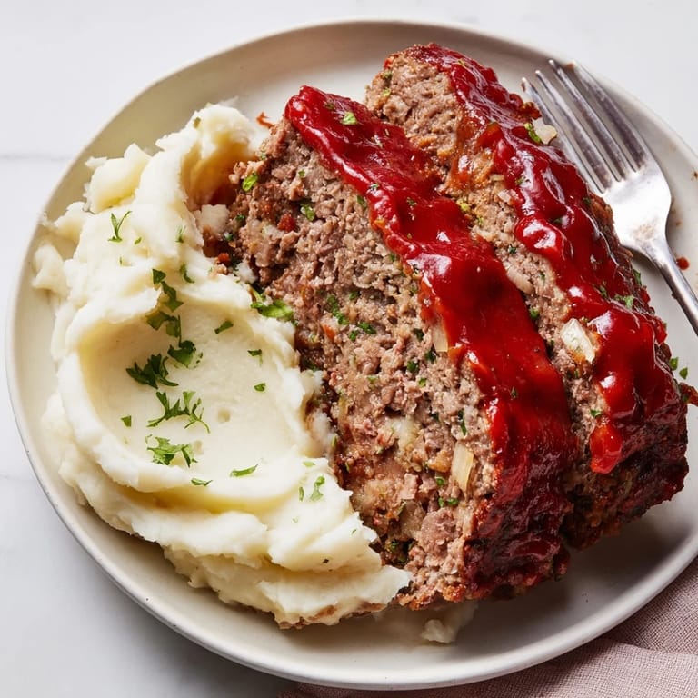 Comfort food classic: juicy meatloaf slice beside creamy, buttery mashed potatoes.