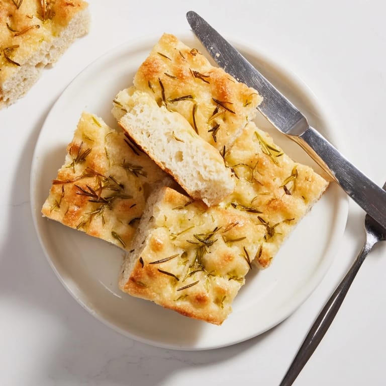 Deliciously topped rosemary garlic focaccia, perfect as a side dish or sandwich base.