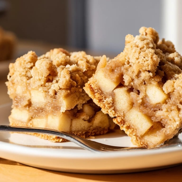 Freshly baked Classic Apple Crumble Bars served warm with a scoop of vanilla ice cream.  
